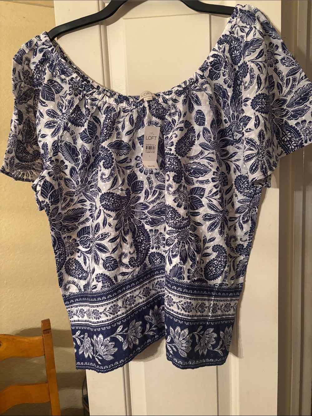 LOFT White and Navy Floral Bardot Top